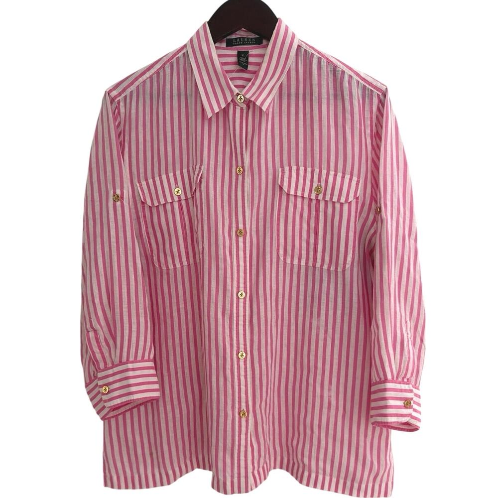 Lauren Ralph Lauren 100% linen waiter sleeve pink and white stripe
